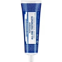 Dr Bronner's Peppermint Toothpaste 105ml tube, blue and white packaging with bold text and flip-top cap.