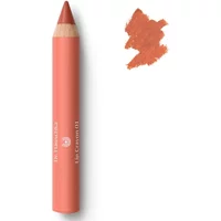 Peach-colored lip crayon with wooden tip, swatch of peach shade on white background.