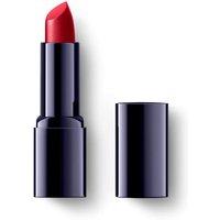 Deep red Dr. Hauschka Lipstick 10 Dahlia, sleek black tube, cap removed, 4.1 g.