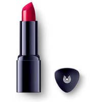 Dark blue Dr. Hauschka lipstick tube with bright red lipstick, cap beside it.