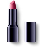 Dark purple lipstick tube with cap removed, revealing a vibrant pink lipstick bullet.