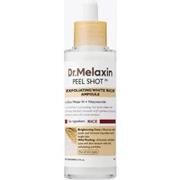 Dr.Melaxin Peel Shot Exfoliating White Rice Ampoule, 80ml clear bottle with gold cap and white label.