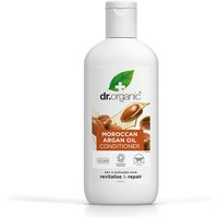 White bottle of Dr Organic Moroccan Argan Oil Conditioner with green leaf logo and brown argan oil imagery.