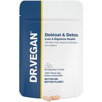 DR.VEGAN Debloat & Detox capsules in white pouch with blue and yellow stripe, 60 count for liver and digestive health.