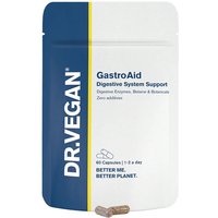 DR.VEGAN GastroAid 60 Capsules pouch, blue and white with yellow stripe, digestive support text, two capsules shown.