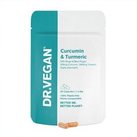 DR.VEGAN Organic Curcumin & Turmeric capsules in teal and white pouch with bold text and capsule illustration.