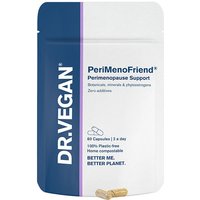 DR.VEGAN PeriMenoFriend® supplement pouch, white and purple, 60 capsules, text detailing menopause support.