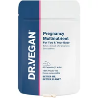 Dr Vegan Pregnancy Multinutrient Capsules in white pouch with blue and pink accents, 60 capsules.