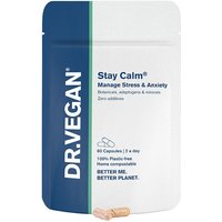 DR.VEGAN Stay Calm® 60 Capsules in white pouch with blue and green accents, stress relief supplement.