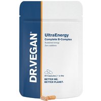 DR.VEGAN Ultra Energy B Vitamin Complex, 30 Capsules in a blue and white resealable pouch.