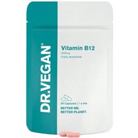 DR.VEGAN Vitamin B12, 2000ug, 30 Capsules in a teal and white resealable pouch with bold branding.