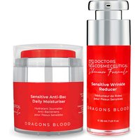 Red and silver Dragons Blood skincare duo; jar of Daily Moisturiser and bottle of Wrinkle Reducer for sensitive skin.