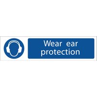 Blue and white sign with headphones icon and text "Wear ear protection" in bold letters.