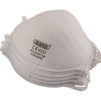 White Draper FFP1 NR moulded masks, pack of 5, with elastic straps and printed logo on the front.