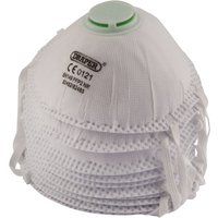 White Draper FFP2 NR moulded masks with elastic straps, green valve, and embossed logo, stacked in a pack of 10.