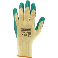 Draper heavy-duty green latex-coated work gloves, extra large, with beige fabric and textured grip.