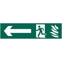 Green emergency exit sign with white running figure, left arrow, and flame symbol.