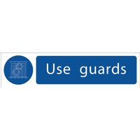 Blue and white Draper Use Guards sign with text and circular icon featuring a grid pattern.