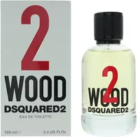 Dsquared2 2 Wood Eau De Toilette 100ml bottle with black cap, clear glass, red and black text on box.