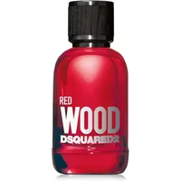 Red Dsquared2 Red Wood Eau De Toilette bottle with black cap and bold white lettering.