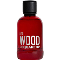 Red glass bottle of DSQUARED2 Red Wood Eau de Toilette with black cap and bold white lettering.
