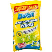 Duzzit Anti Bacterial Wipes 50 Pack in yellow packaging with blue text and red "Super Size" label.