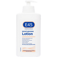 E45 Moisturising Lotion 500ml, white pump bottle with blue and orange label, for dry and sensitive skin.