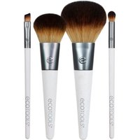 EcoTools On-The-Go Style Brush Set with white handles, silver ferrules, and soft brown bristles.
