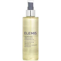 Clear bottle of ELEMIS Nourishing Omega Rich Cleansing Oil with pump dispenser and purple text.