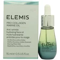 ELEMIS Pro-Collagen Marine Oil 15ml, gradient blue-green glass bottle with white dropper, next to matching box.