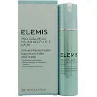 Aqua blue Elemis Pro-Collagen Neck & Decollete Balm bottle with matching box, silver accents, 50ml size.