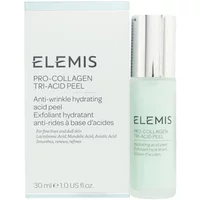 ELEMIS Pro-Collagen Tri-Acid Peel 30ml, pale blue bottle with silver cap, next to matching box with product details.