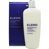 White ELEMIS Skin Nourishing Milk Bath bottle with blue text, silver cap, next to matching blue box.