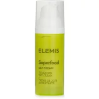 Green bottle of ELEMIS Superfood Day Cream 50ml with white pump cap and bold black text.
