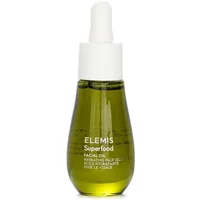 Green glass bottle of ELEMIS Superfood Facial Oil with white dropper cap, 15ml size.