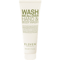 White tube of Eleven Australia Wash Me All Over Hand & Body Wash, 50 ml, with green text and minimalist design.