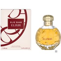 Elie Saab Elixir Eau de Parfum 100ml, round glass bottle with gold cap, next to white box with red accents.