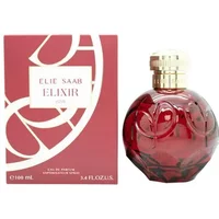 Red Elie Saab Elixir Love Eau De Parfum 100ml bottle with gold cap, next to matching red box with white text.