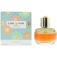 Elie Saab Girl Of Now Lovely Eau De Parfum 30ml, floral box, round bottle with gold cap and pastel petal design.
