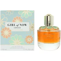 Elie Saab Girl Of Now Lovely Eau De Parfum 50ml, floral box, round bottle with gold cap and floral design.