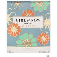 Blue box of Elie Saab Girl Of Now Lovely Eau de Parfum 90ml with orange and mint floral design.