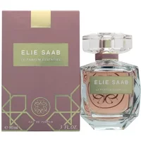 Elie Saab Le Parfum Essentiel 90ml in a clear faceted bottle with a pink label, next to a pink and gold box.