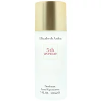 White Elizabeth Arden 5th Avenue deodorant spray with gold cap, 150ml bottle, elegant and minimalist design.