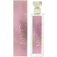 Rectangular glass bottle with pink label, gold cap, and matching pink box for Elizabeth Arden 5th Avenue NYC Love perfume.