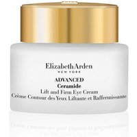 White jar with gold lid labeled "Elizabeth Arden Advanced Ceramide Lift and Firm Eye Cream 15ml" in black text.