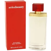 Clear glass bottle with gold cap and red top, next to a red box labeled "ardenbeauty" by Elizabeth Arden.