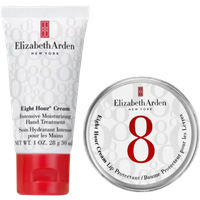 Elizabeth Arden hand cream tube and lip balm tin, white with red accents and branding.