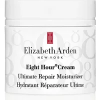 White jar of Elizabeth Arden Eight Hour Cream Ultimate Repair Moisturiser with silver text and red logo.