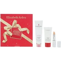 Red Elizabeth Arden gift set with face cream, hand cream, and lip balm in white tubes and silver lipstick case.