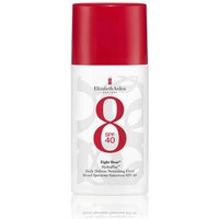 White bottle with red cap, Elizabeth Arden Eight Hour HydraPlay Daily Defense Fluid SPF 40, bold red "8" on front.